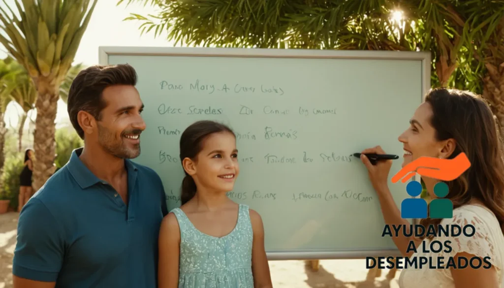 "a mid-shot of a happy family gathered around a community noticeboard in a typical Spanish urbanization