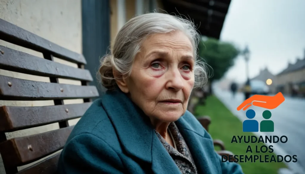"a humbling scene of an elderly woman sitting on a worn-out bench outside a rundown albergue for the unemployed