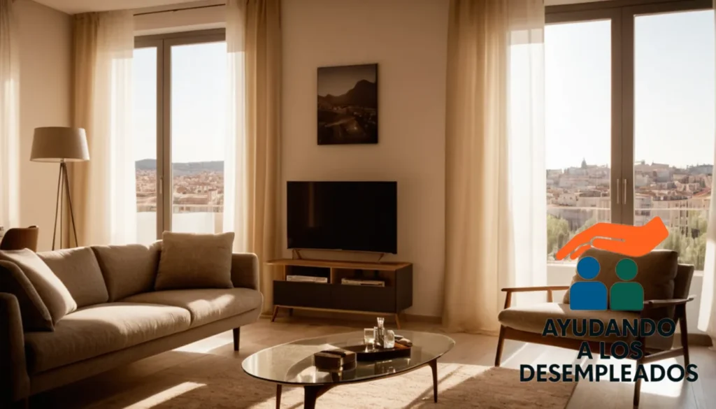 a modest yet welcoming living room of an apartment complex for social housing in Madrid