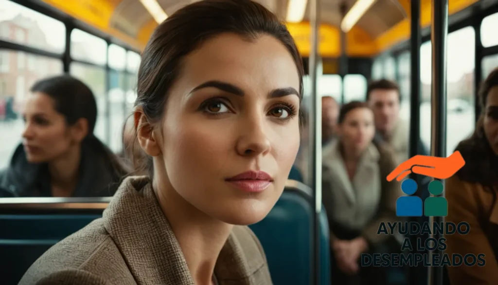 "a woman in her mid-30s sitting on a city bus wearing a determined expression
