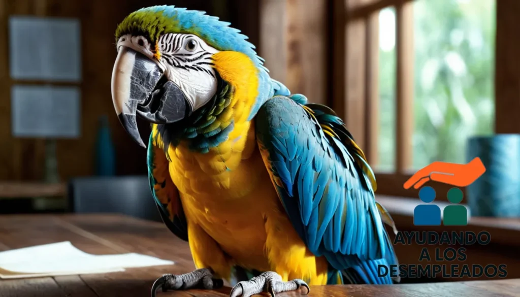 A close-up photograph of a parrot (specifically a blue-and-yellow macaw) perched on the edge of a wooden table
