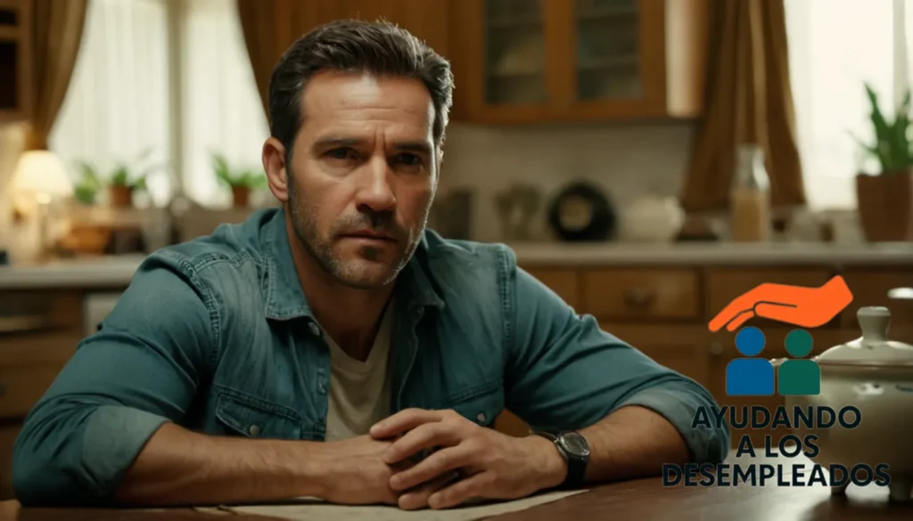 A weary single father in his mid-30s sitting at a cluttered kitchen table