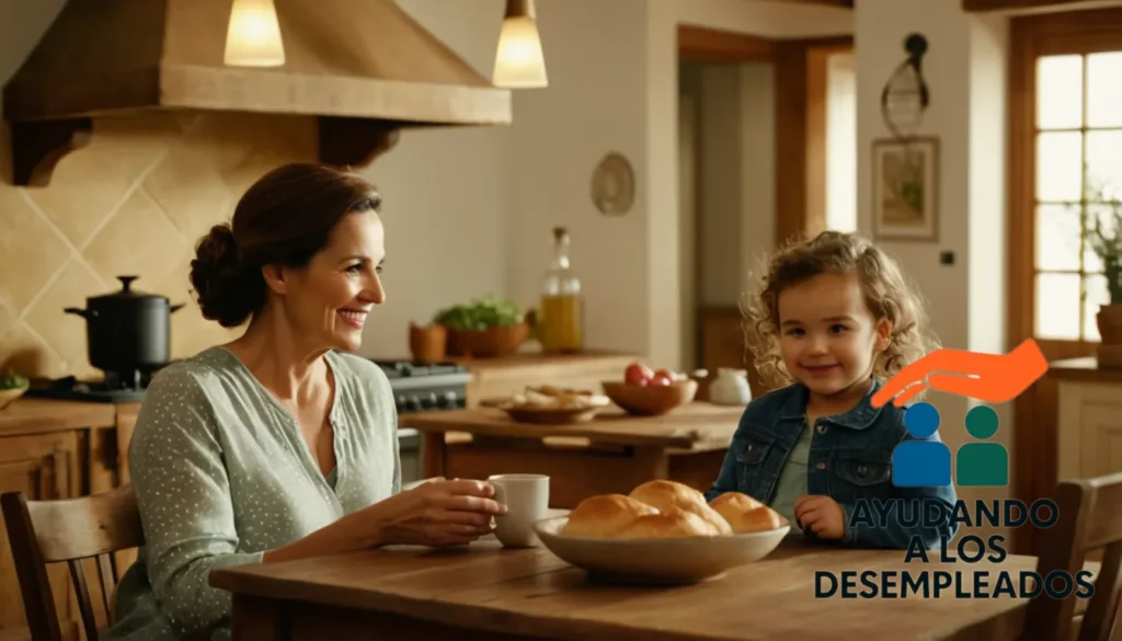 A warm and cozy Spanish-style household interior with a large family gathered around a wooden dining table