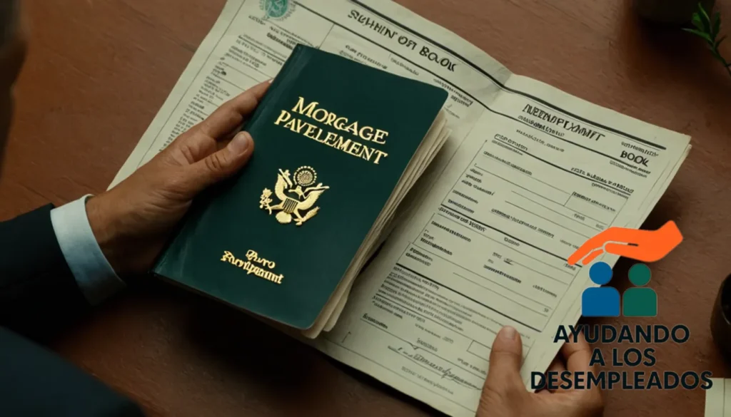 A close-up of a person's hands holding a mortgage payment book against a worn-out brown background