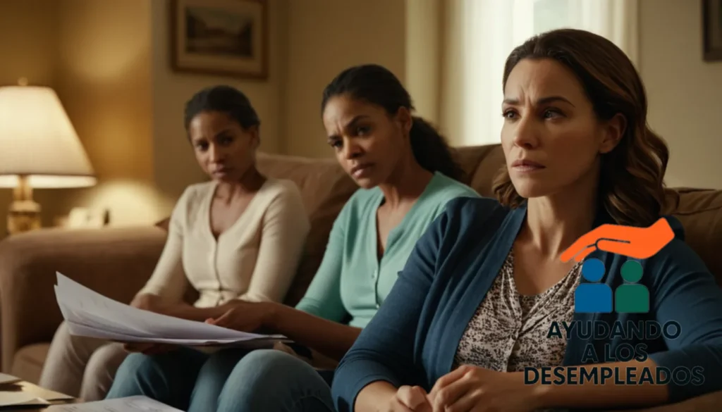 "A worn-out family sitting on a couch in their cluttered living room