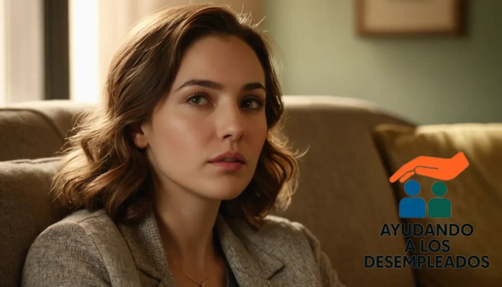 "A warm and hopeful scene of an unemployed young woman in her mid-twenties sitting on a worn couch