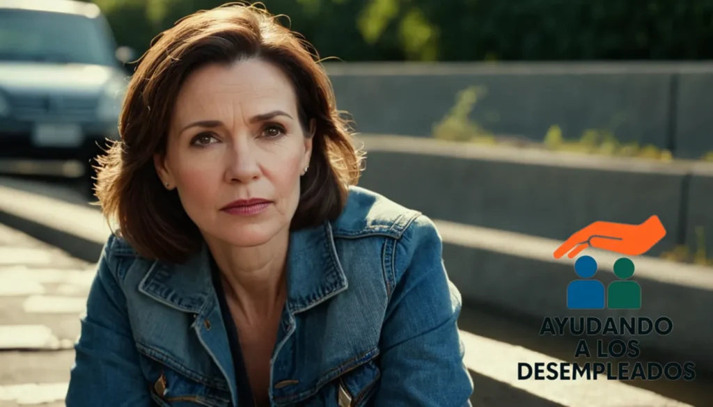"A middle-aged woman with unkempt brown hair and worn denim jacket sits dejectedly on a worn