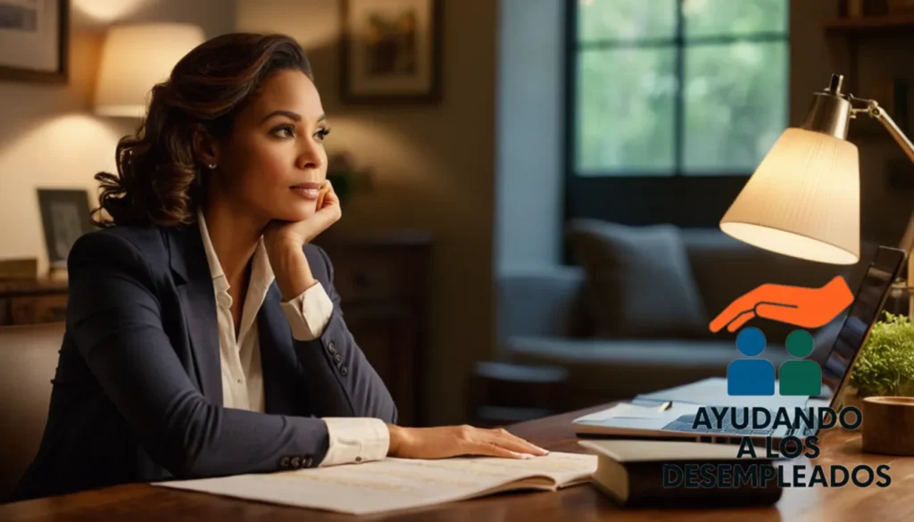 "A woman in her mid-30s sitting at a wooden desk in a cozy home office