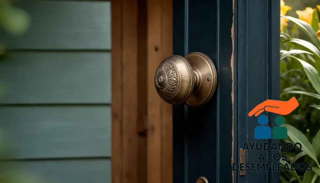 "a close-up photograph of a residential front door with a worn wooden frame