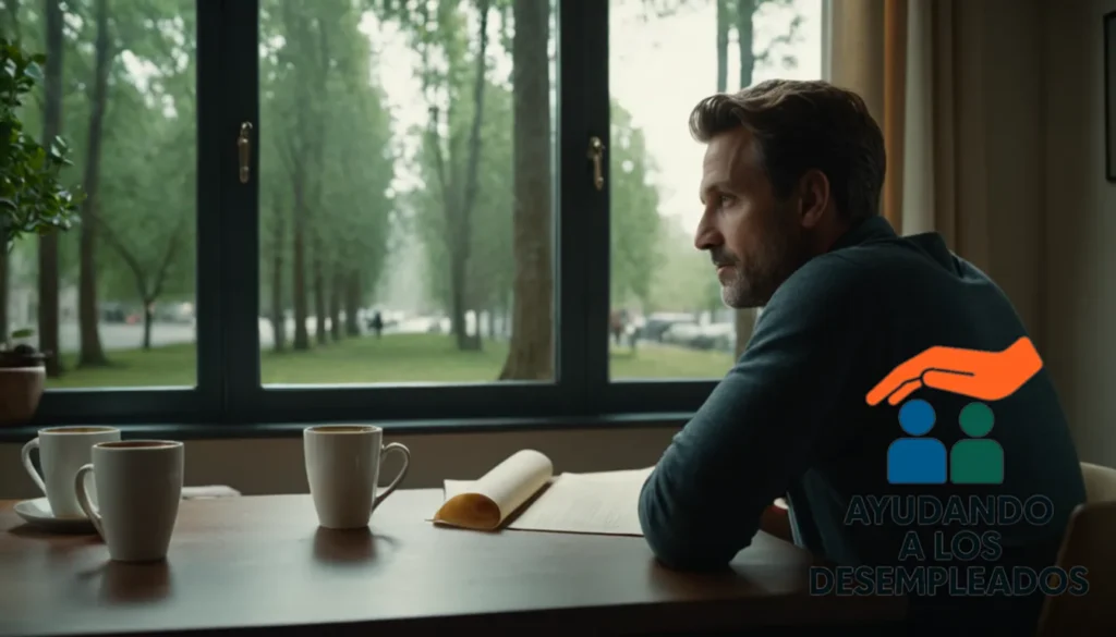 A person of average age in their mid-30s sitting at a small kitchen table adorned with coffee cups and papers related to employment and housing finance plans
