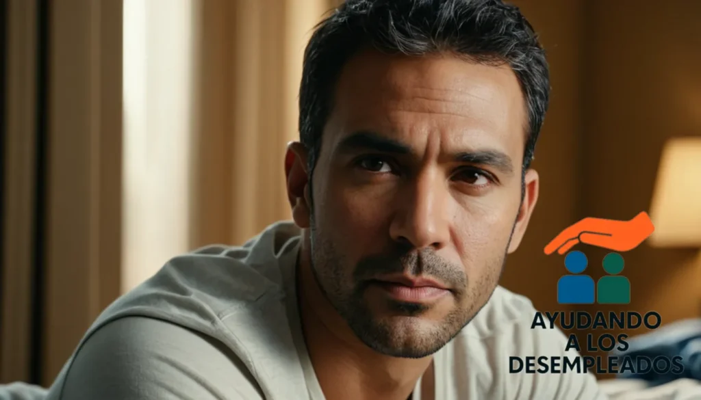 a weary-looking Latino man in his mid-30s sitting on the edge of an unmade bed in a cluttered studio apartment
