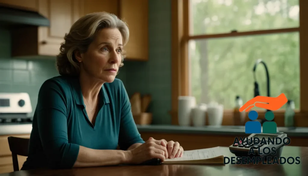 "A close-up of a concerned middle-aged woman sitting at her kitchen table