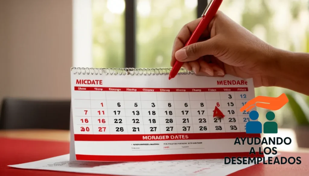 A close-up shot of a person's hands holding a residential mortgage contract next to a red-penmarked table calendar with due dates marked