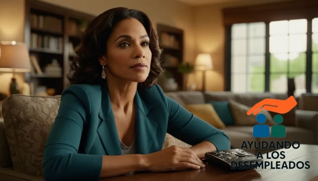 A humble yet immaculately organized living room scene where a Latino woman in her mid-40s sits on an armchair