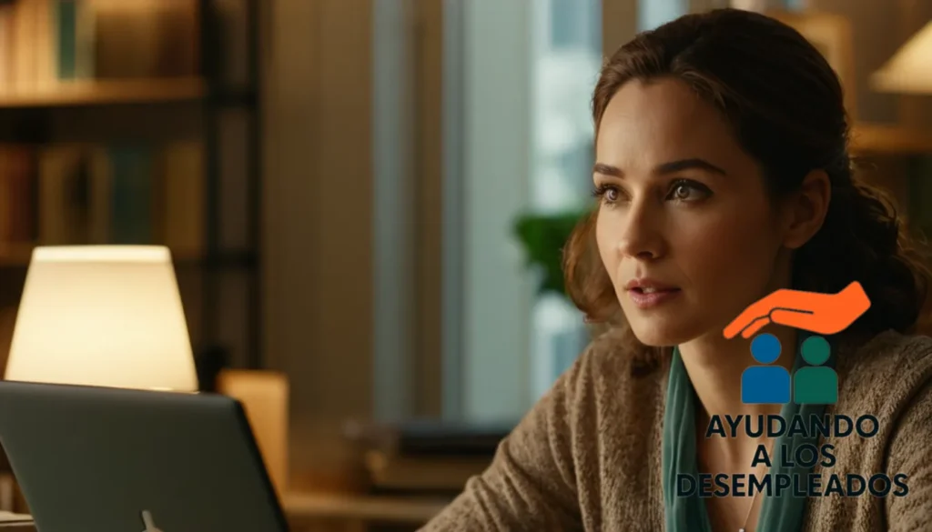 "a woman in her mid-30s sitting at a cluttered desk in a small apartment