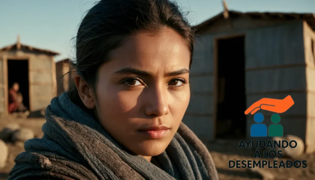 a somber scene of a Paro standing in front of a makeshift refugee shelter