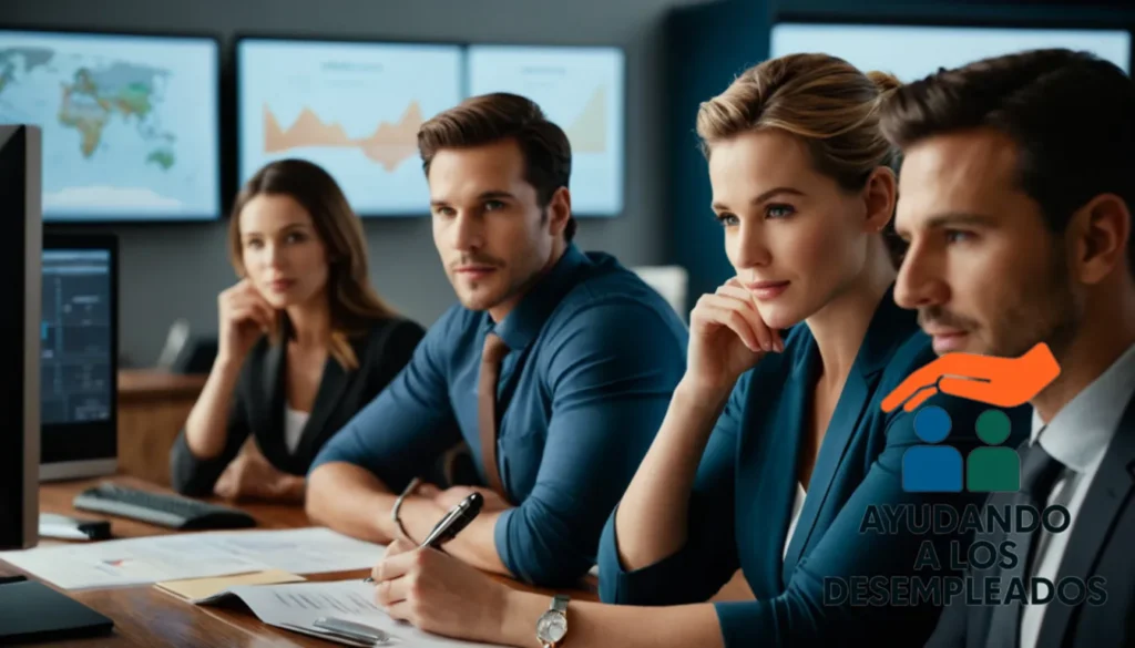 a diverse group of employees huddled around a large wooden desk