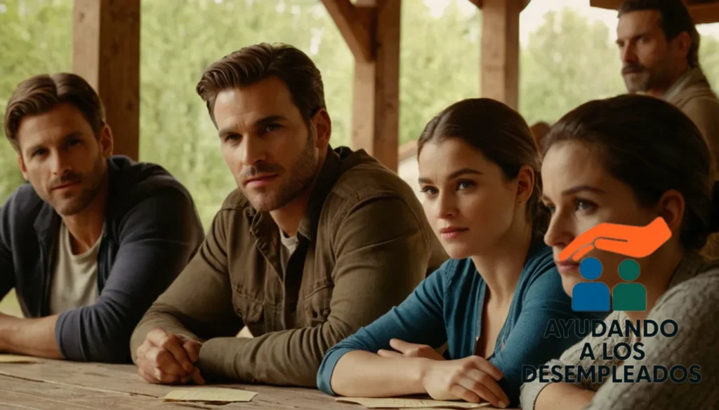 A group of concerned looking people from diverse age groups standing together around a weathered wooden table in a community center's large outdoor patio during the late afternoon