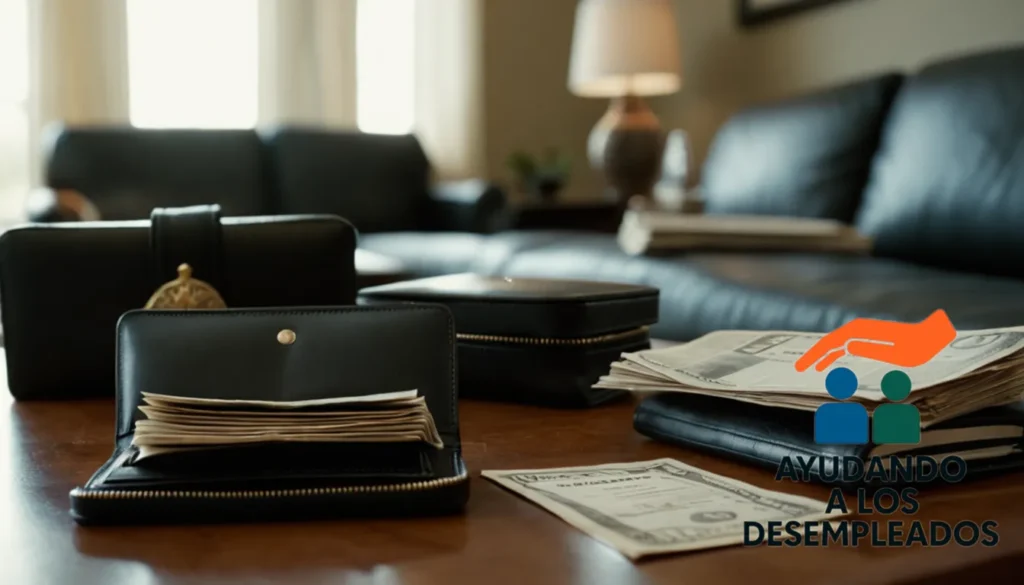 A worn leather wallet centered on a cluttered living room coffee table