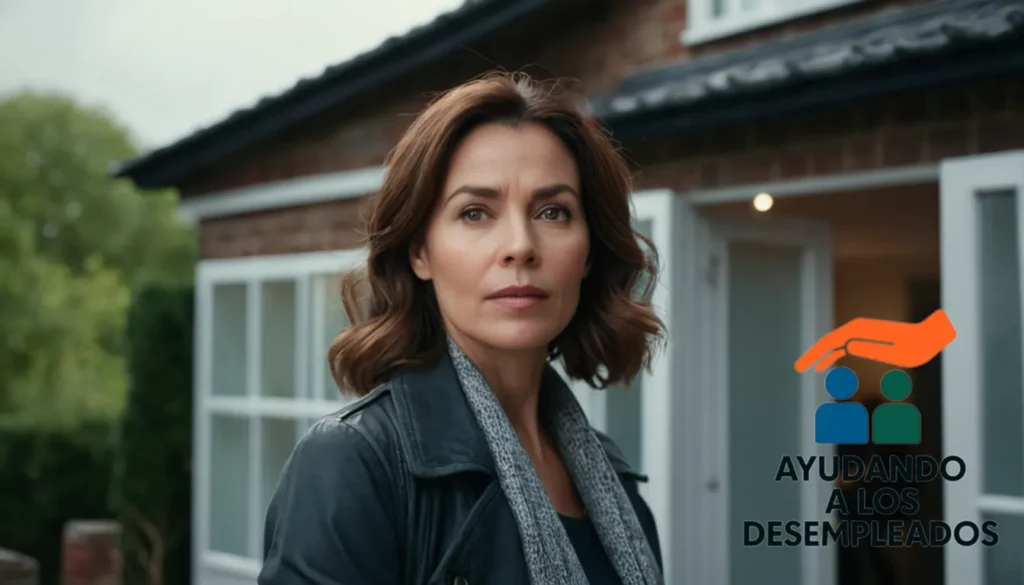 a solemn woman in her mid-40s standing in front of a modest one-story house with a partially built extension
