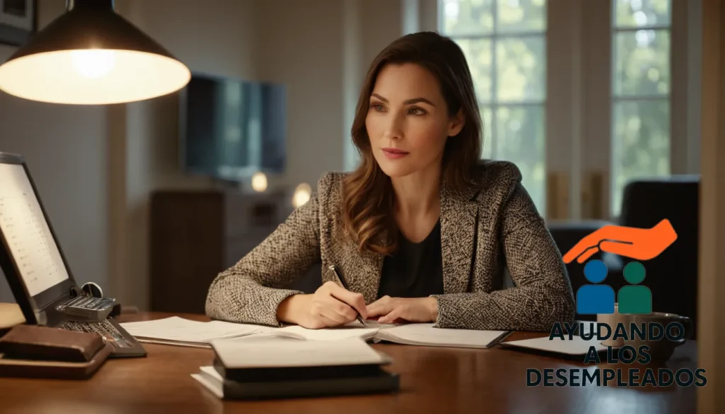 A calm and organized living room desk with a woman in her mid-30s