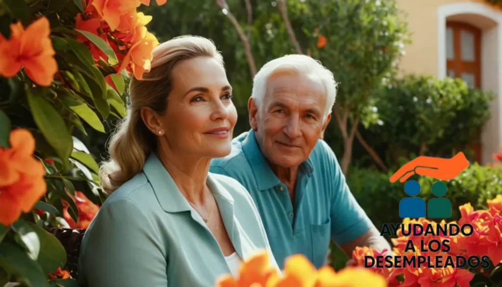 a photorealistic picture of two people happily strolling through a sun-drenched Spanish garden filled with vibrant orange and yellow bougainvillea