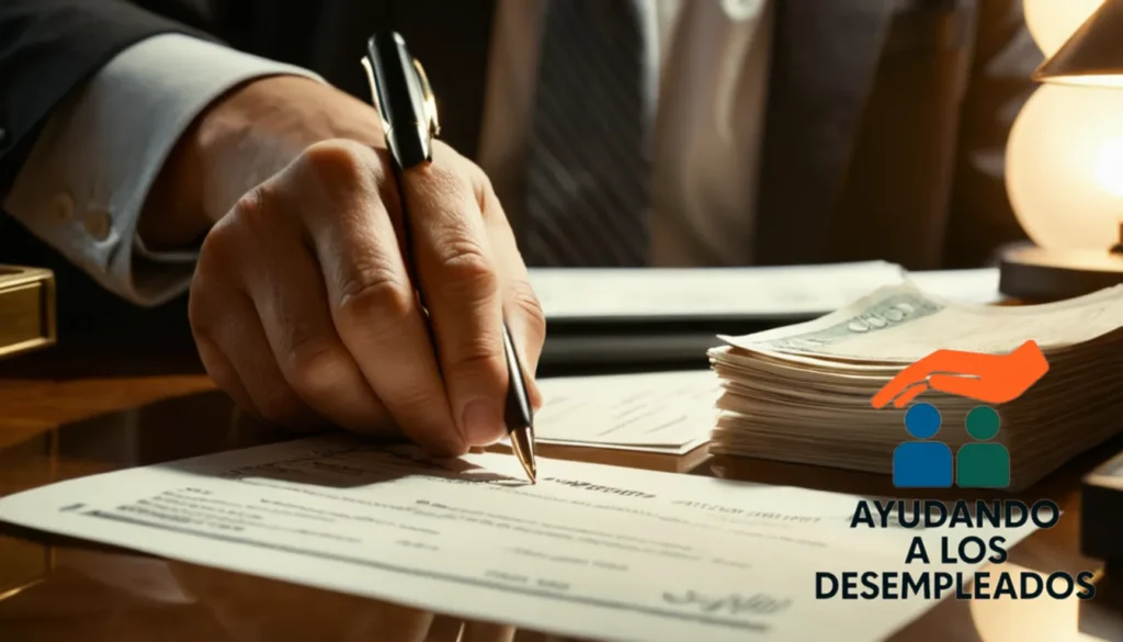 a close-up of a person's hand signing a document on a cluttered desk surrounded by stacks of bills and financial statements