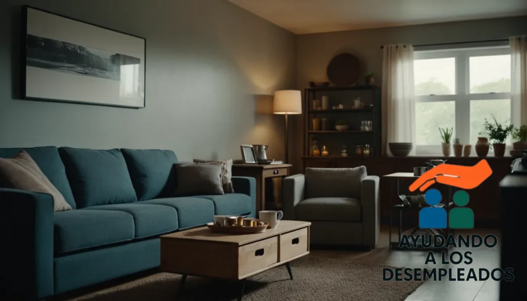 A practical and uncluttered living room with a worn-out couch and a humble coffee table in the foreground