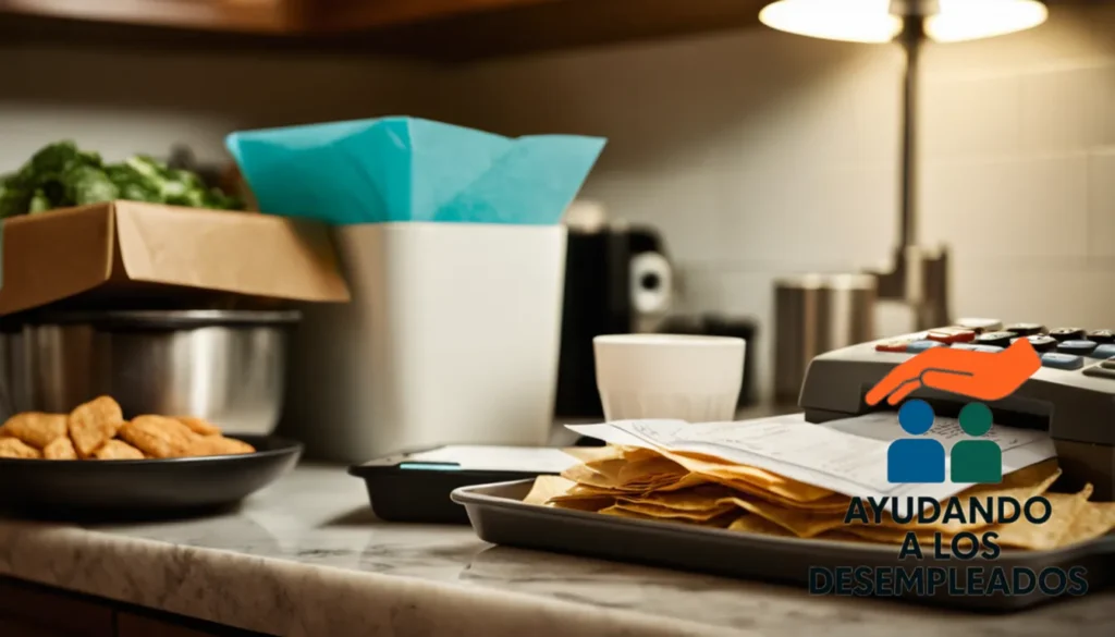 a dimly lit kitchen counter cluttered with expired food packages