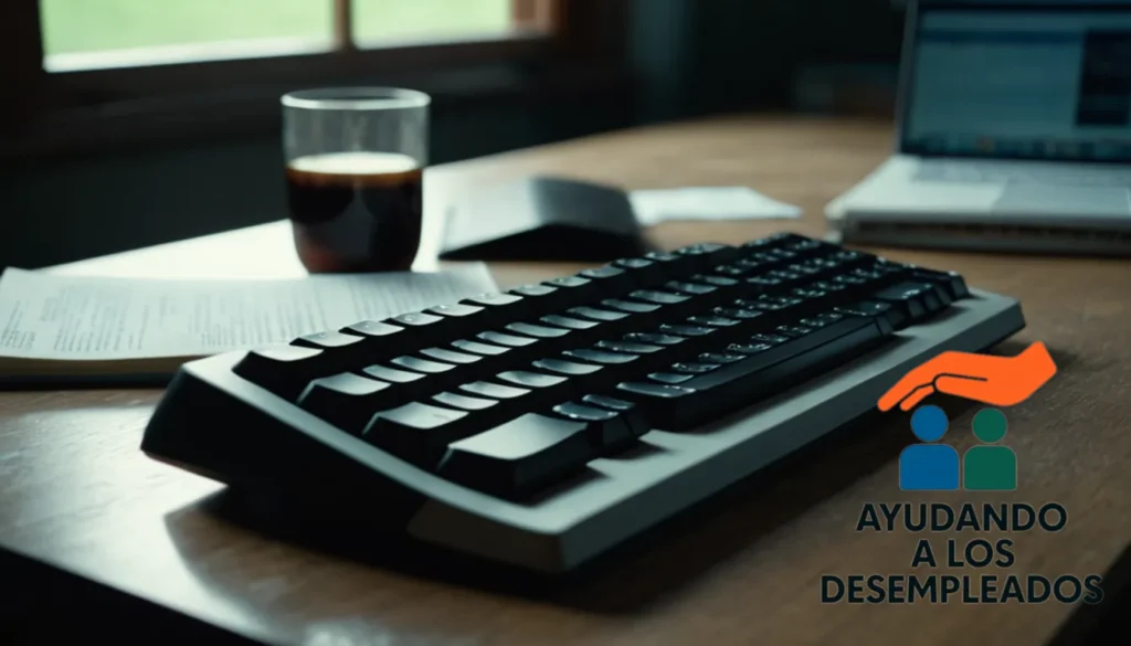 "A close-up of a worn-out keyboard lying on a cluttered desk amidst financial and work-related books and bills scattered across the surface