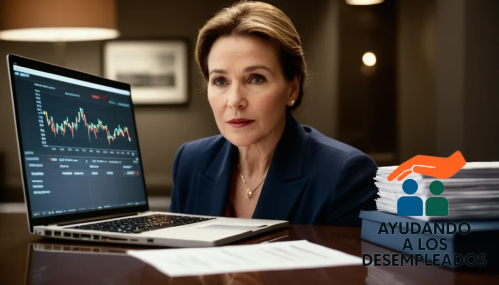 "a calm and responsible-looking middle-aged person surrounded by various financial documents and a laptop screen displaying a graph of increasing value
