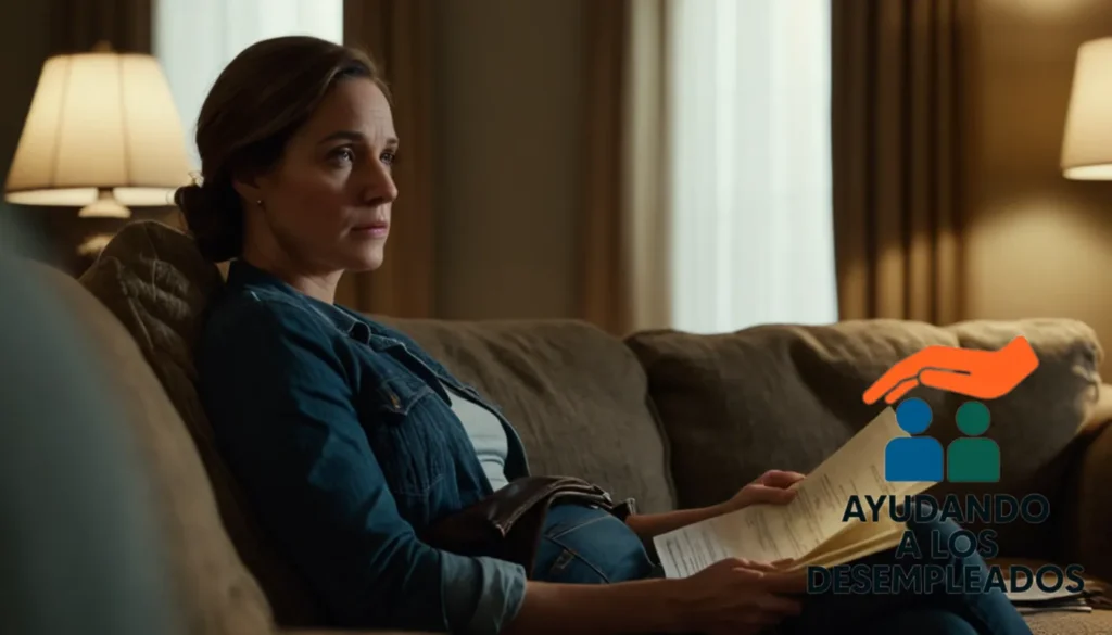 "a somber domestic scene with a woman sitting on a worn couch in her modest living room