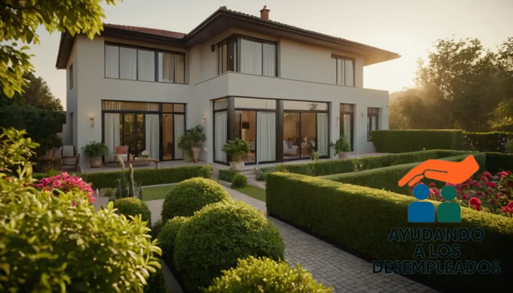 "a modest but stylish upper-middle-class residence (hogar) with a warm golden light illuminating its exterior facade