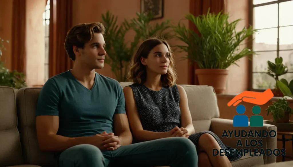 a humble young couple sitting on a worn-out couch in a sparse yet tidy living room