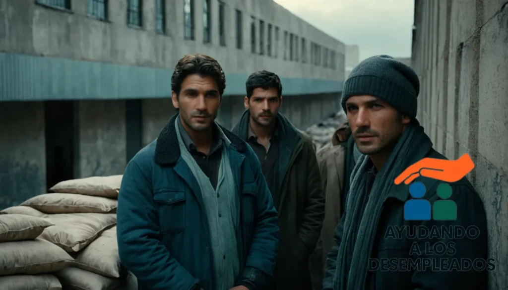 "A group of desempleados (unemployed individuals) in a temporary shelter