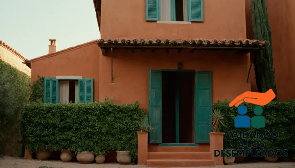 "A worn terracotta-colored facade of a modest house