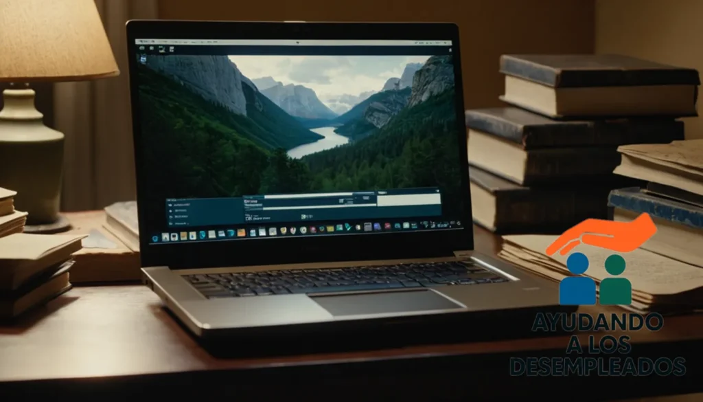 "A worn-out laptop sits on a cluttered desk in the midst of a dimly lit