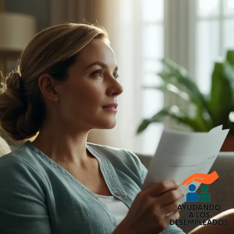 a dignified woman in her mid-30s, wearing a simple but clean outfit, sitting on a couch in her newly subsidized apartment, surrounded by modest furniture and plants, looking at a document related to her financial assistance with a mix of relief and hope, against a serene natural light streaming through the window.