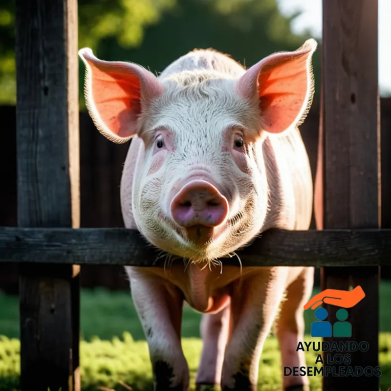 A large, serene domestic pig standing firm in front of a traditional wooden gate, its wrinkled pink skin reflecting the warm sunlight casting a sense of stability over a rustic outdoor living space with a few scattered belongings, conveying resilience against the threat of eviction.