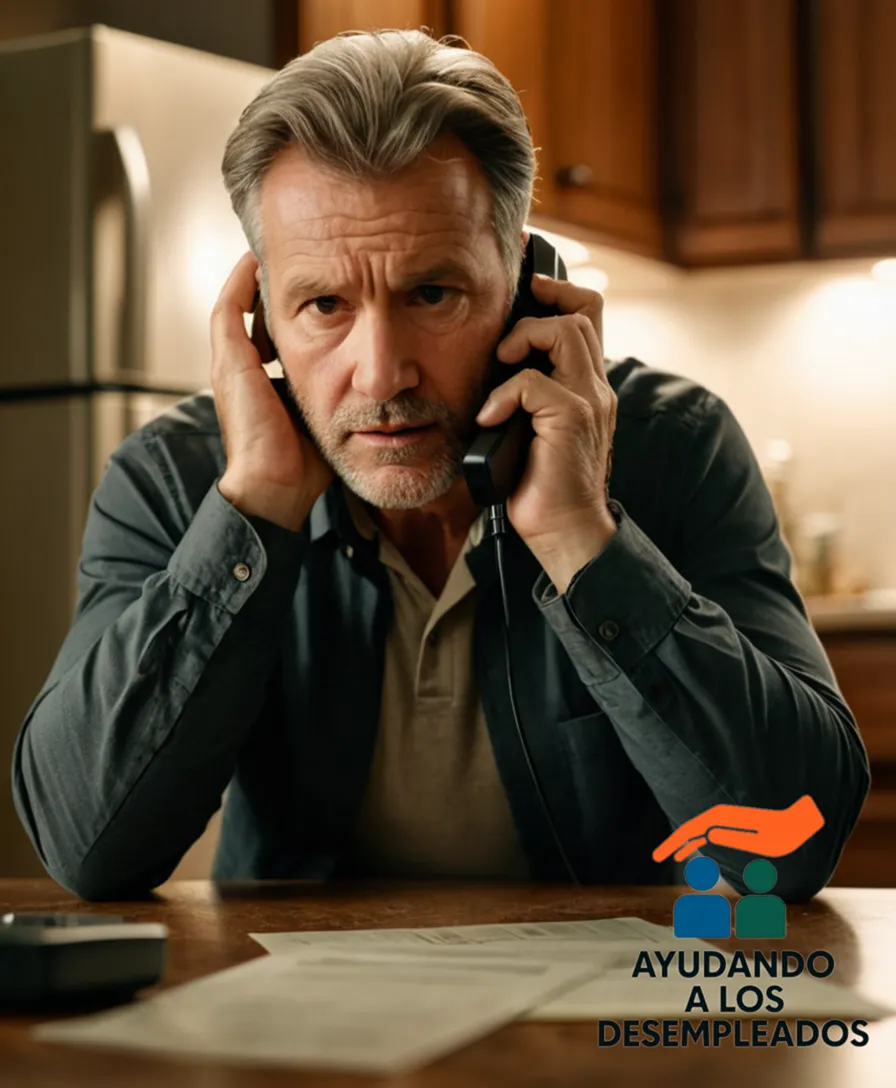 A worn-out, middle-aged man sitting on a cluttered kitchen floor surrounded by unpaid bills, stacks of overdue notices, and dusty financial documents, with a faint light from an open fridge illuminating his worried expression as he holds a phone receiver to his ear.