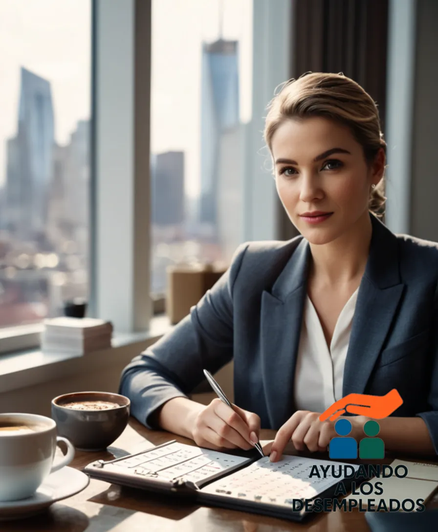 A senior holding a small calendar and standing in front of a large window with a cityscape outside, surrounded by scattered papers, a cup of coffee, and a worn-out calculator on a cluttered desk, symbolizing financial struggle amidst everyday life amidst a blurred urban landscape.