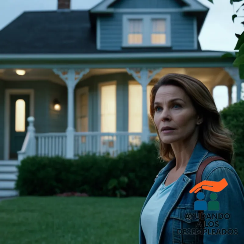 A weary homeowner stands outside their modest suburban house, hands in pocket, glancing up at a For Sale by Auction sign posted on the overgrown front lawn, amidst a scattering of unpaid bills and foreclosure notices pinned to the doorframe, under the somber glow of a grey dawn sky.