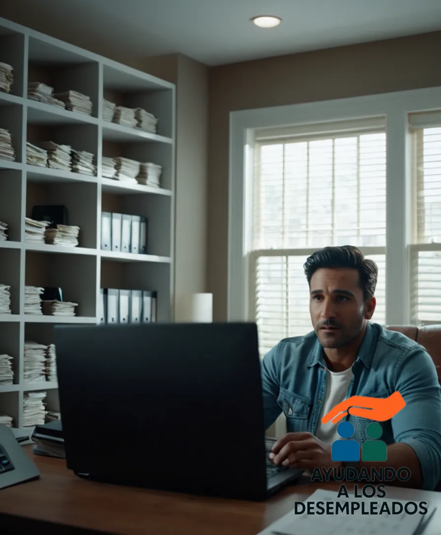 A person sitting in their home office, surrounded by stacks of unpaid bills and financial documents, staring at a computer screen displaying an overdrawn bank account statement, with a worn-out couch and a calendar on the wall behind them.