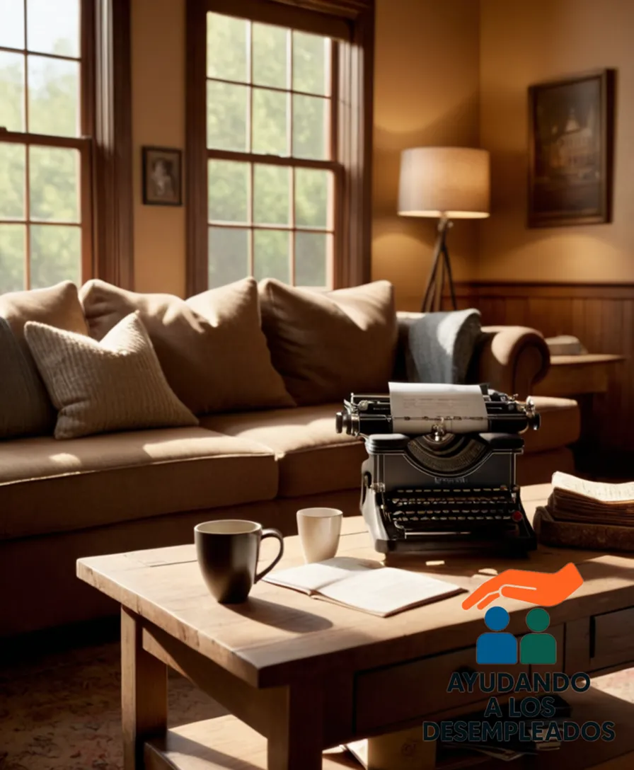 a cluttered yet cozy living room with worn wooden furniture, faded throw pillows, and a homemade bulletin board filled with budgeting schedules and reminders against a warm beige wallpaper, with a dim afternoon sun casting a sense of economic struggle.