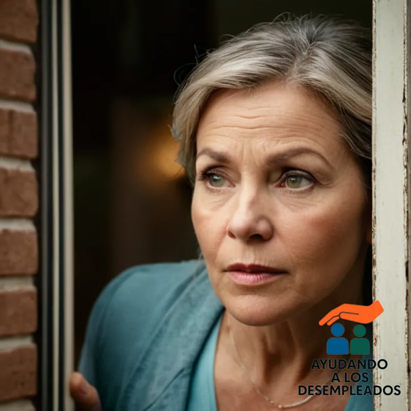 a worn-out woman in her mid-40s, staring at a foreclosure notice on her front door, with a dilapidated brick house behind her, overgrown weeds, dusty windows, and a broken gate, highlighting the emotional toll of eviction.