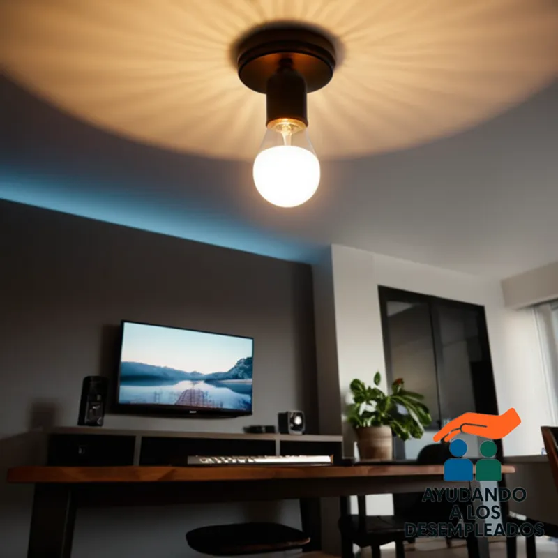 a simple yet functional living room with a modern LED TV, a cordless phone, and a laptop charging on a minimalist desk, while an energy-efficient light bulb hangs from a ceiling-mounted fixture amidst soft natural daylight.