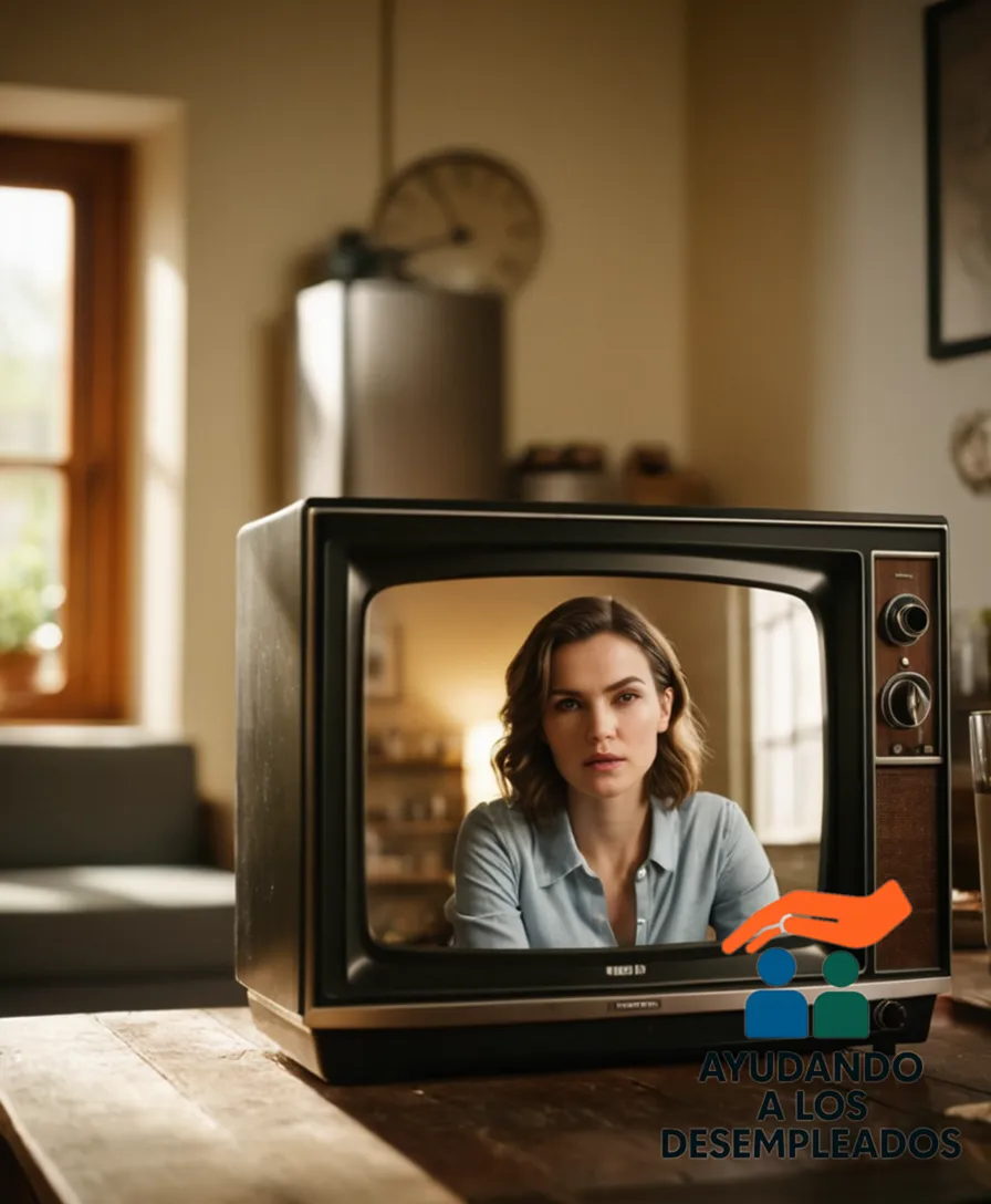 A close-up of a young woman in her 20s, sitting in front of an old television, laptop, and smartphone on a cluttered coffee table, amidst a small, sunny kitchen with dirty dishes and worn-out furniture, conveying a sense of desperation and domestic struggle.