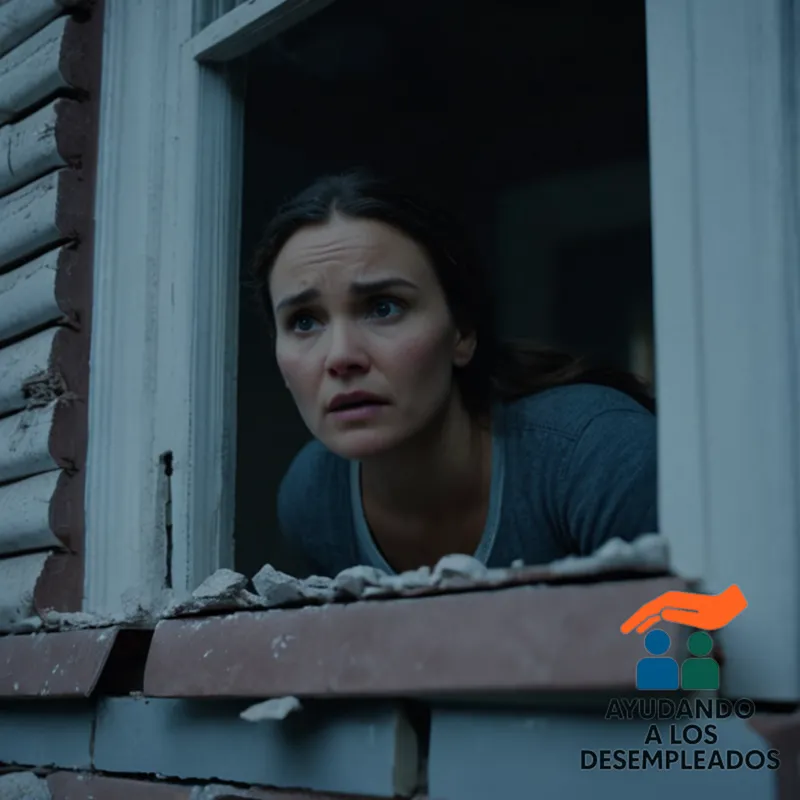 A close-up of a frustrated homeowner staring at their crumbling home's facade, with shattered tile fragments and faded paint on a dilapidated doorframe, against a gloomy sky hinting at financial struggles amidst the ruins.