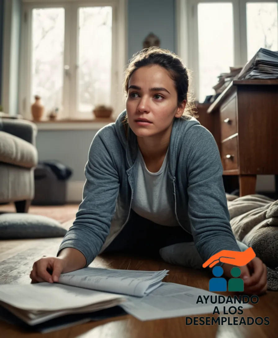 a relatable and slightly worn-out young adult woman, likely in her late 20s, sitting on a cluttered but tidy living room floor amidst stacks of unpaid bills and financial documents, gazing out the window with a mix of worry and determination etched on her face.