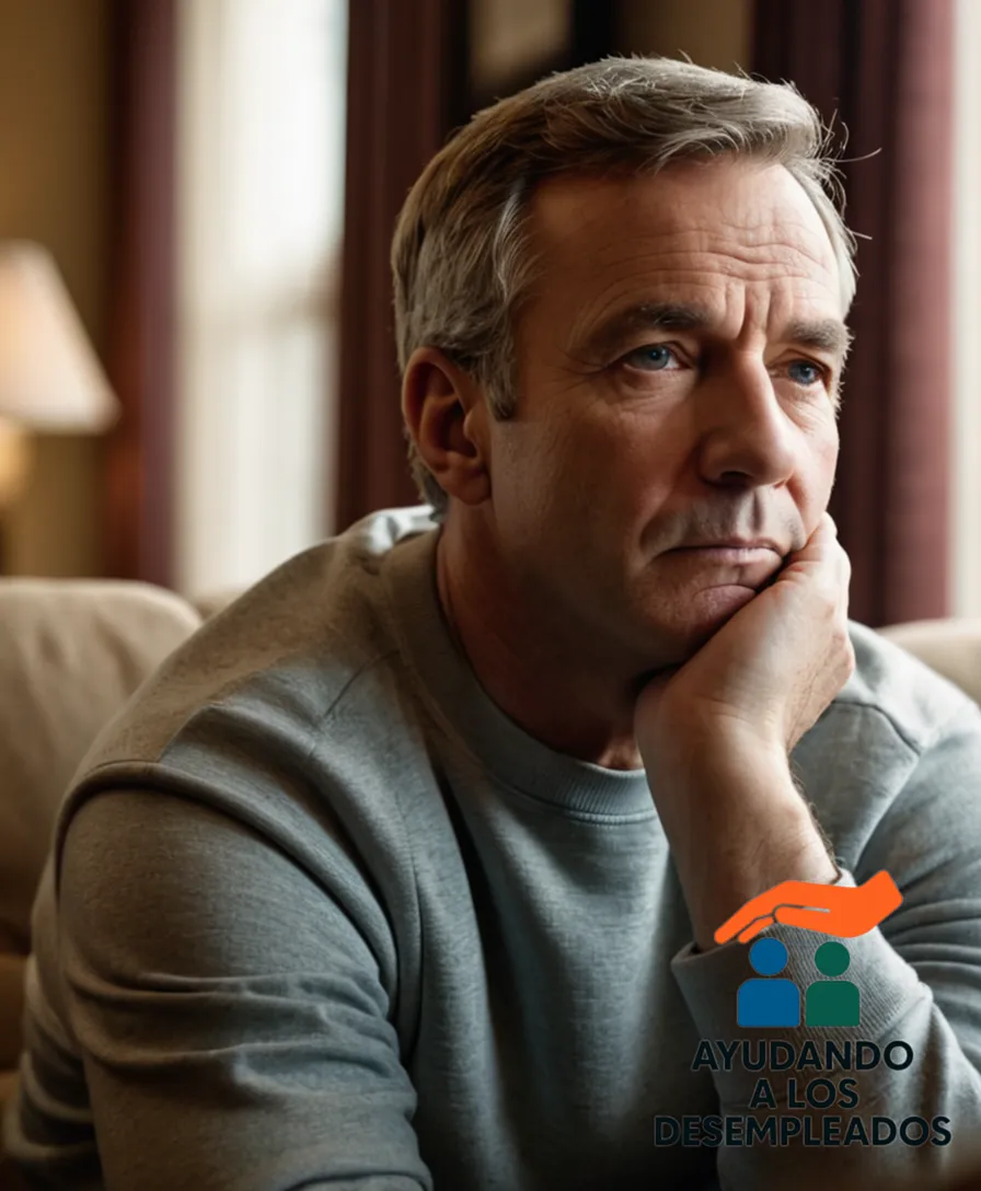 a middle-aged man sitting on a worn-out couch in a small, dimly lit living room, surrounded by unpacked bills and newspaper clippings, wearing a faded sweatshirt and a hint of desperation in his eyes, as he stares out the window with his head resting in his hands.